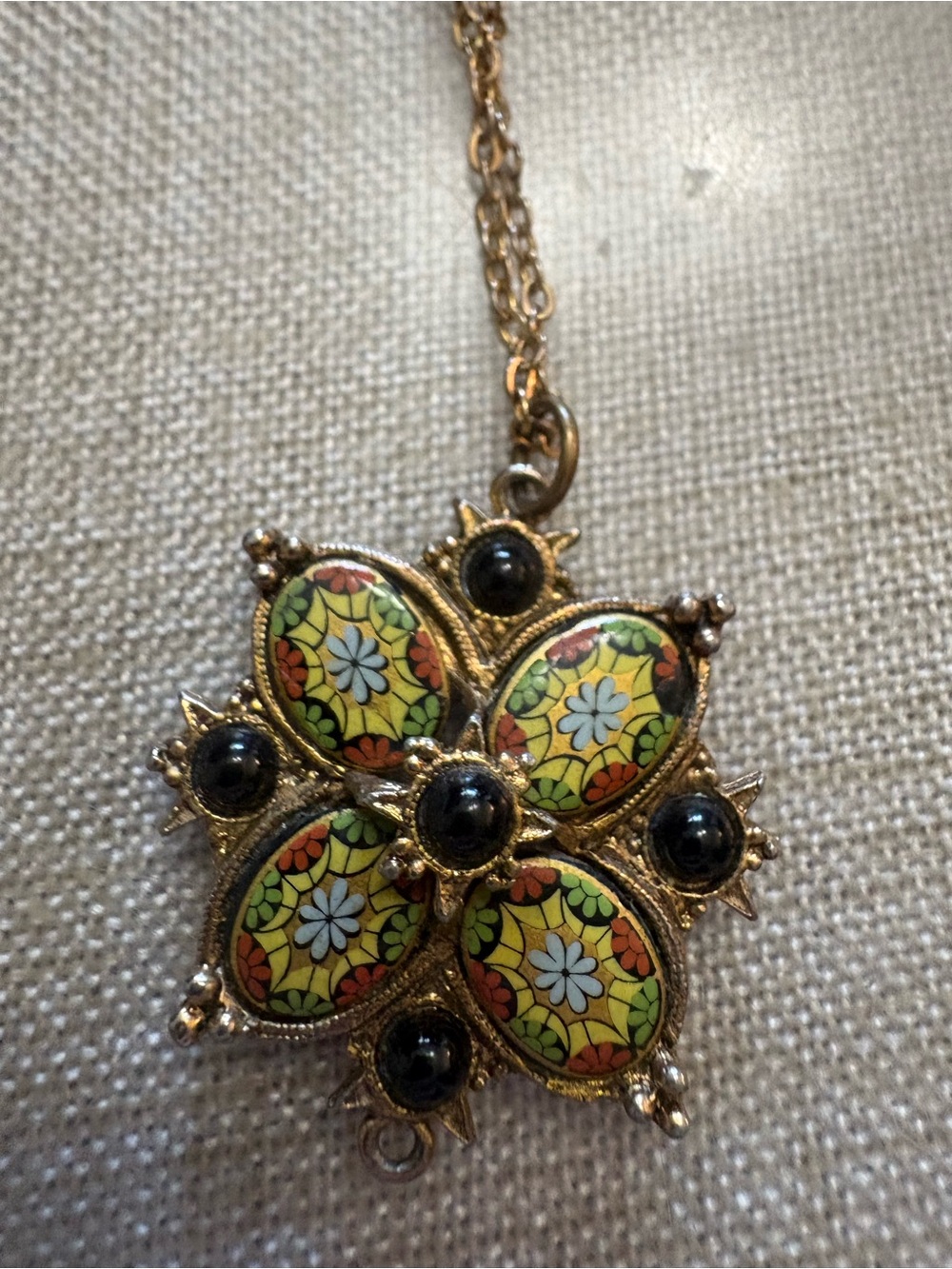 Gold-Tone Floral Enamel Pendant Necklace in Yellow and Black